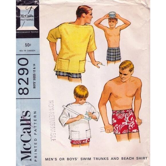 UNCUT Vintage 1960s McCalls 8290 Sewing Pattern Boys XL Swim Trunks Beach Shirt - Picture 1 of 4